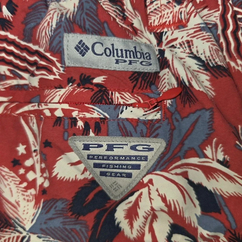 Columbia PFG Mens Swim Suit Trunks LARGE Red Hawaiian Print Mesh lined